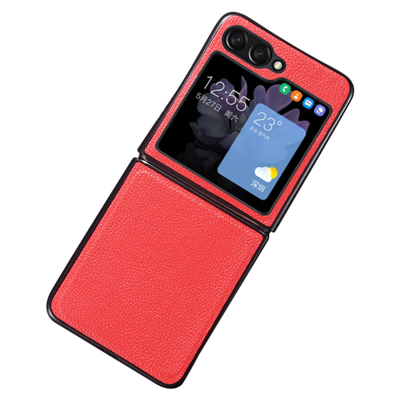 For Samsung Galaxy Z Flip6 5G Case Cowhide Leather + PC Folding Phone Cover - Red