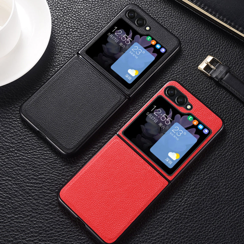 For Samsung Galaxy Z Flip6 5G Case Cowhide Leather + PC Folding Phone Cover - Red