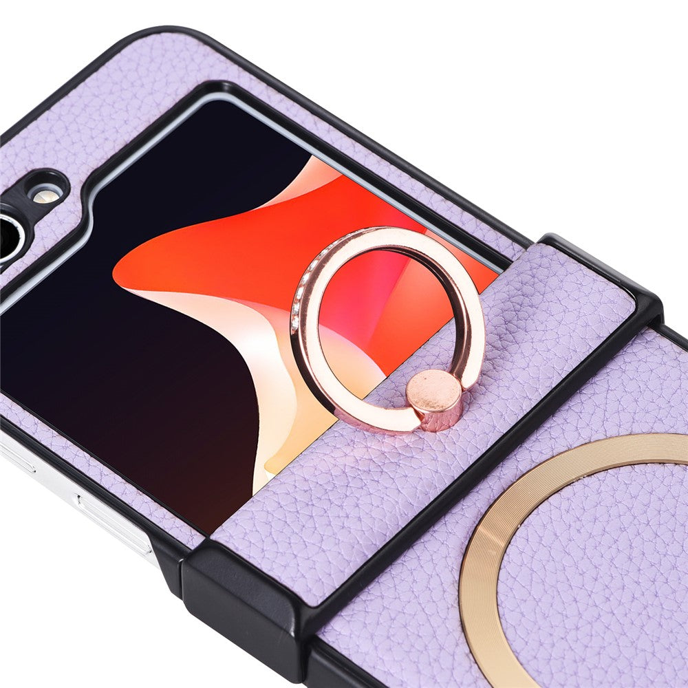 For Samsung Galaxy Z Flip7 FE 5G / Z Flip6 5G Magnetic Case with Ring Kickstand Leather + PC Phone Cover Hinge Protection - Purple