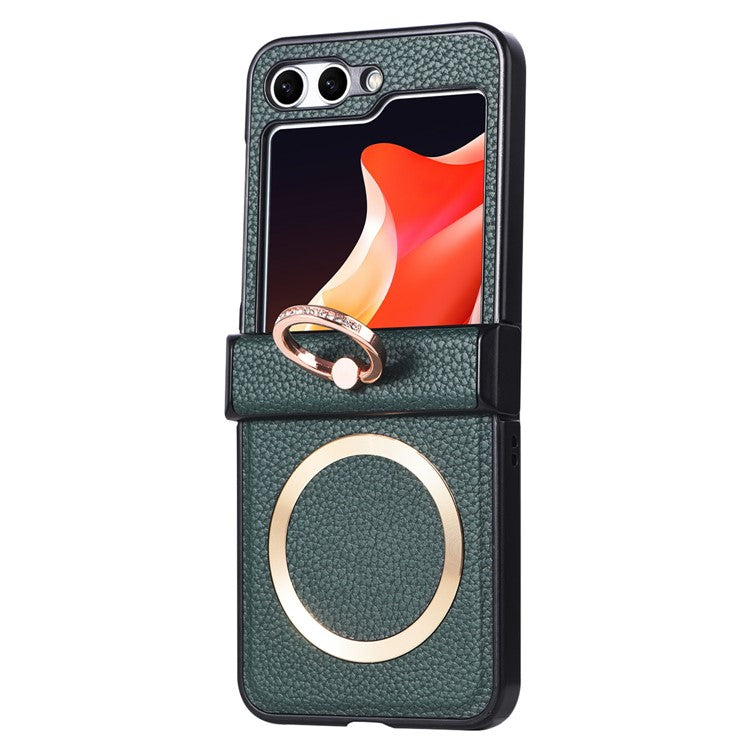 For Samsung Galaxy Z Flip6 5G Magnetic Case with Ring Kickstand Leather + PC Phone Cover Hinge Protection - Green