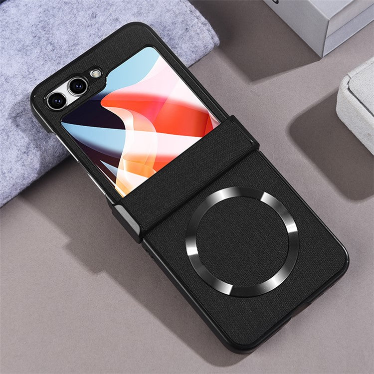 For Samsung Galaxy Z Flip6 5G Case  Leather+PC Phone Cover with Rear Screen Film and Hinge - Black