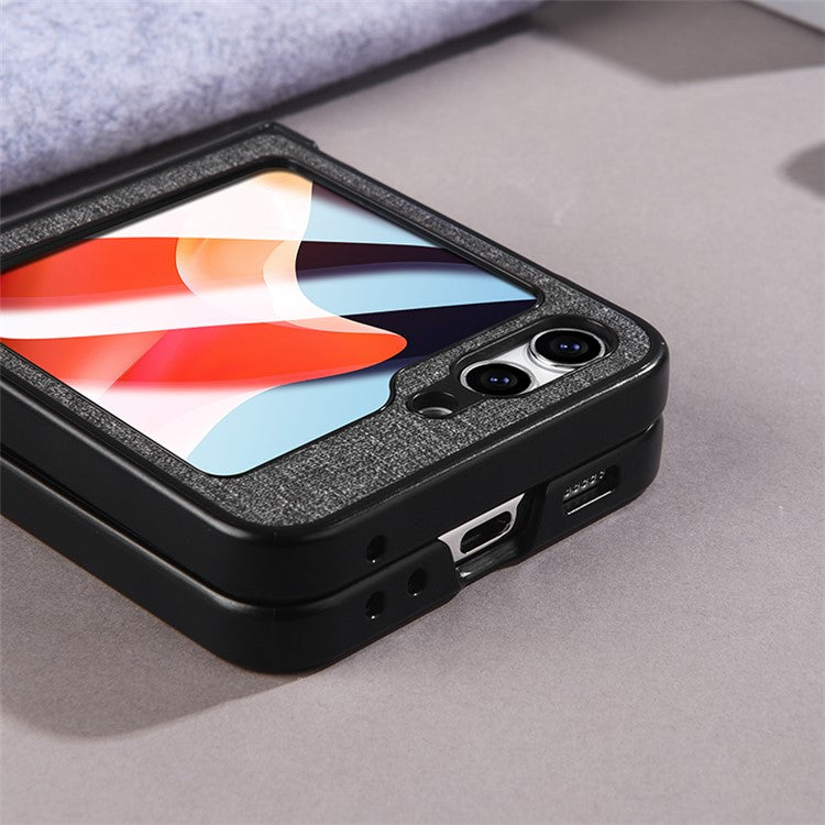 For Samsung Galaxy Z Flip6 5G Case  Leather+PC Phone Cover with Rear Screen Film and Hinge - Black