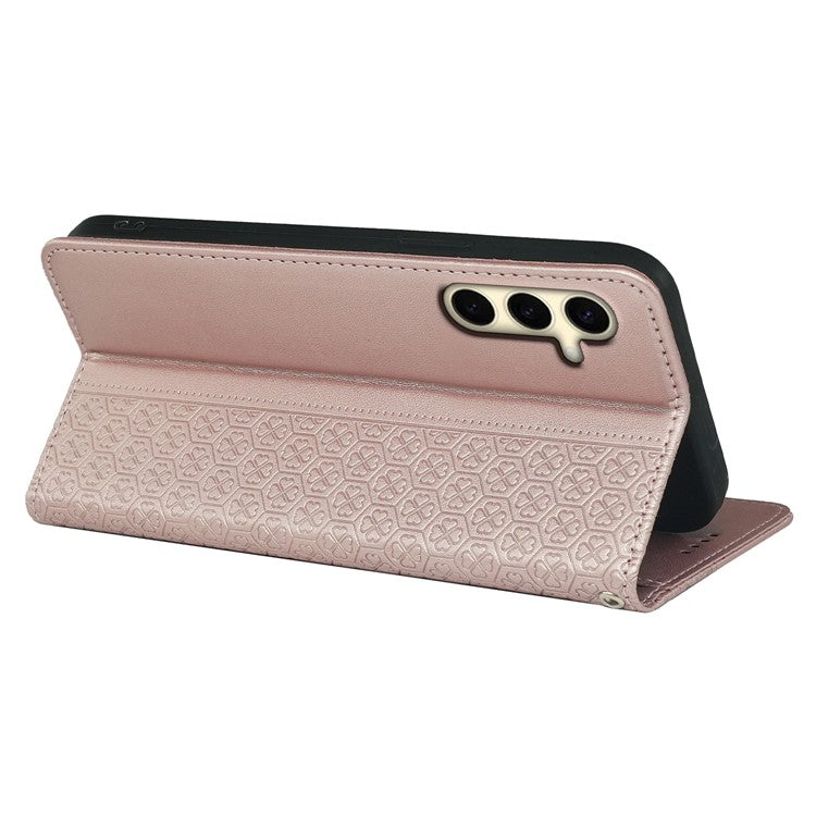 For Samsung Galaxy M15 5G  /  F15 5G Case Leather Phone Cover Clover Pattern - Rose Gold