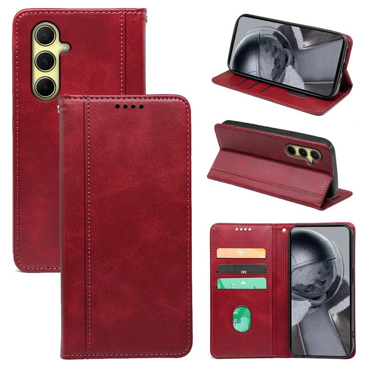 For Samsung Galaxy M15 5G / F15 5G Case Calf Texture Leather Phone Cover with Card Slots - Red