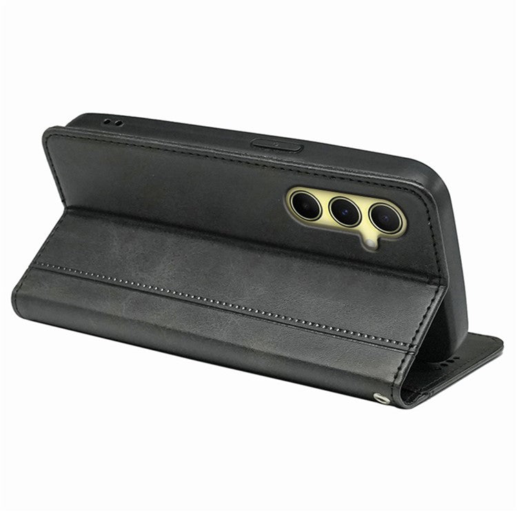 For Samsung Galaxy M35 5G Case Calf Texture Leather Magnetic Closure Flip Phone Cover - Black