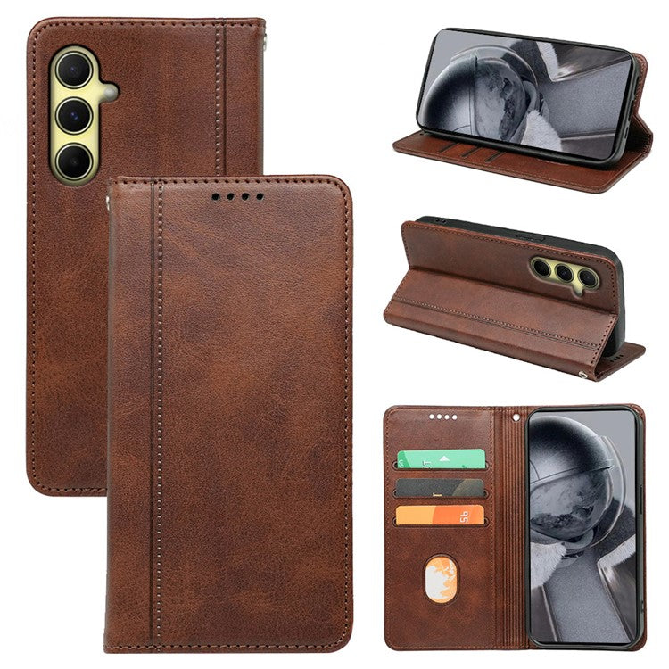 For Samsung Galaxy F55 5G / C55 5G / M55 5G Case Folio Design Calf Texture Leather Phone Cover - Brown