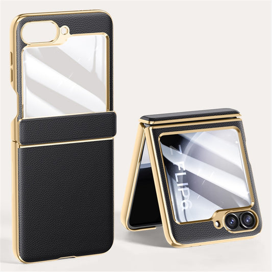 For Samsung Galaxy Z Flip7 FE 5G / Z Flip6 5G Case Hinge Protection Leather Back Cover with Rear Screen Film - Black