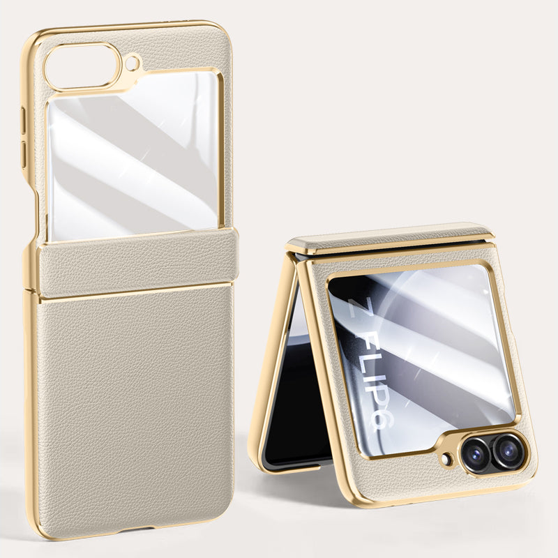 For Samsung Galaxy Z Flip6 5G Case Hinge Protection Leather Back Cover with Rear Screen Film - Titanium Grey