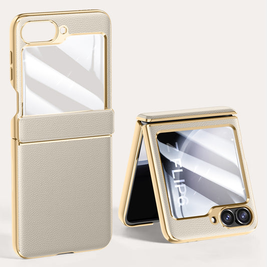 For Samsung Galaxy Z Flip6 5G Case Hinge Protection Leather Back Cover with Rear Screen Film - Titanium Grey