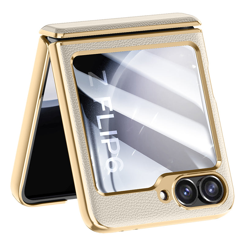 For Samsung Galaxy Z Flip6 5G Case Hinge Protection Leather Back Cover with Rear Screen Film - Titanium Grey