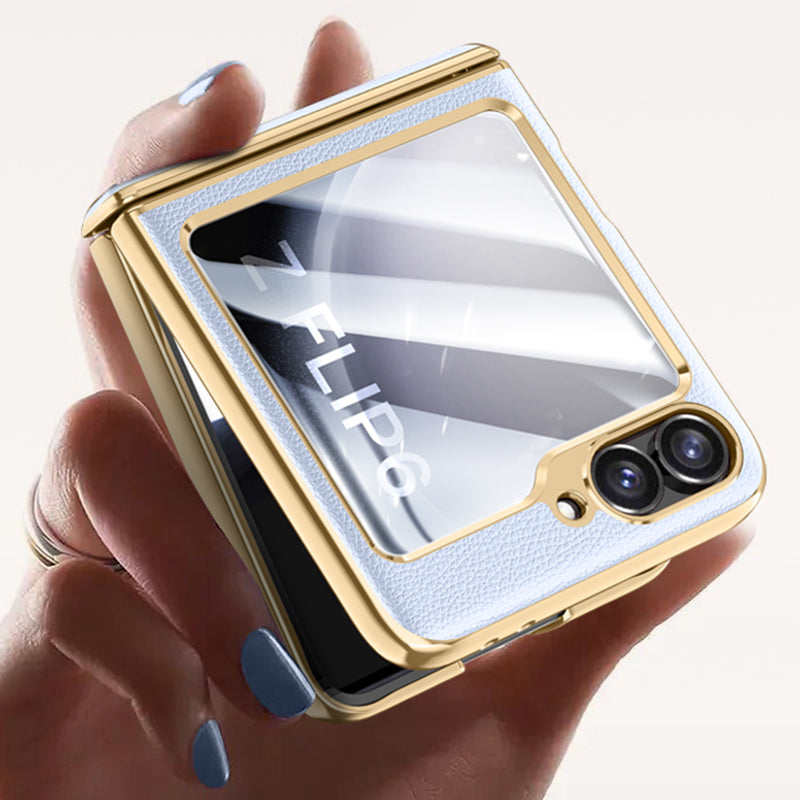 For Samsung Galaxy Z Flip6 5G Case Hinge Protection Leather Back Cover with Rear Screen Film - Titanium Grey
