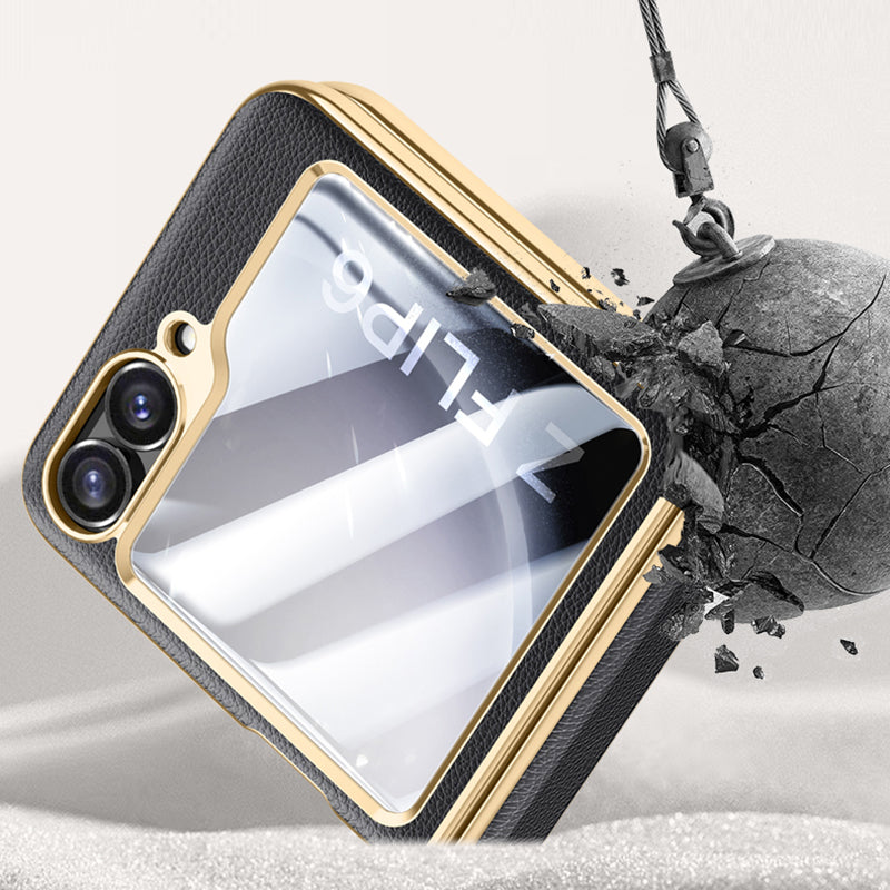 For Samsung Galaxy Z Flip6 5G Case Hinge Protection Leather Back Cover with Rear Screen Film - Titanium Grey