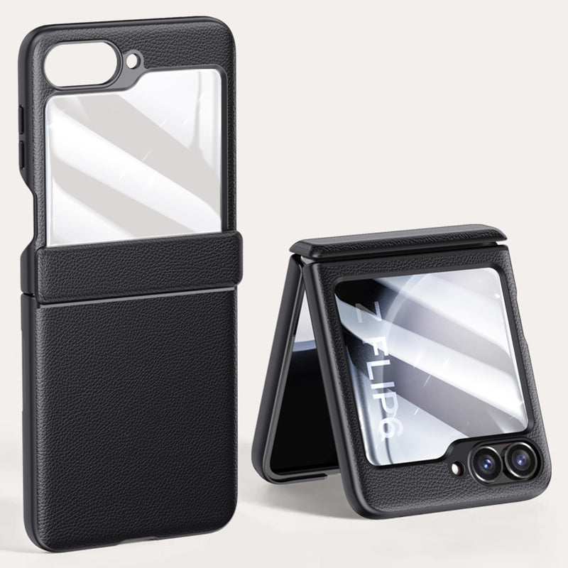 For Samsung Galaxy Z Flip6 5G Case Leather+PC Hinge Design Phone Cover with Rear Screen Film - Black