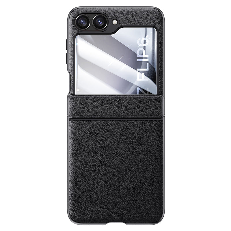 For Samsung Galaxy Z Flip6 5G Case Leather+PC Hinge Design Phone Cover with Rear Screen Film - Black