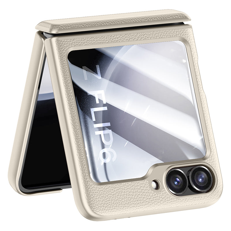 For Samsung Galaxy Z Flip6 5G Case Leather+PC Hinge Design Phone Cover with Rear Screen Film - Titanium Grey