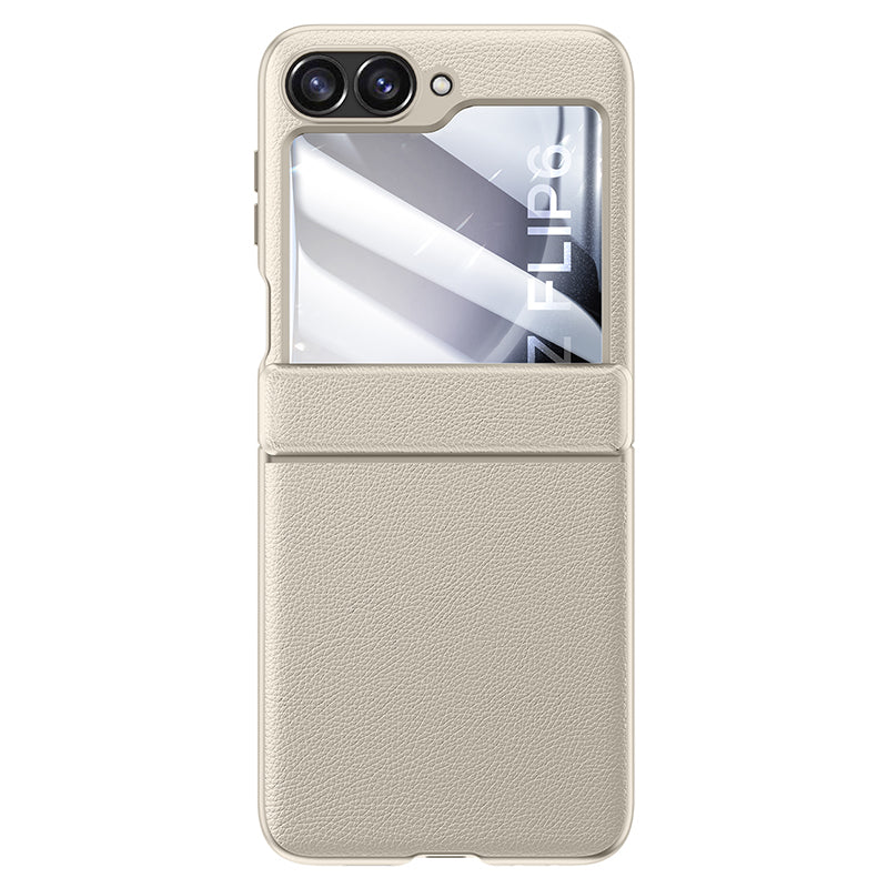 For Samsung Galaxy Z Flip6 5G Case Leather+PC Hinge Design Phone Cover with Rear Screen Film - Titanium Grey