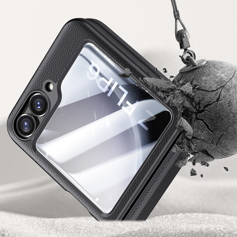 For Samsung Galaxy Z Flip6 5G Case Leather+PC Hinge Design Phone Cover with Rear Screen Film - Titanium Grey