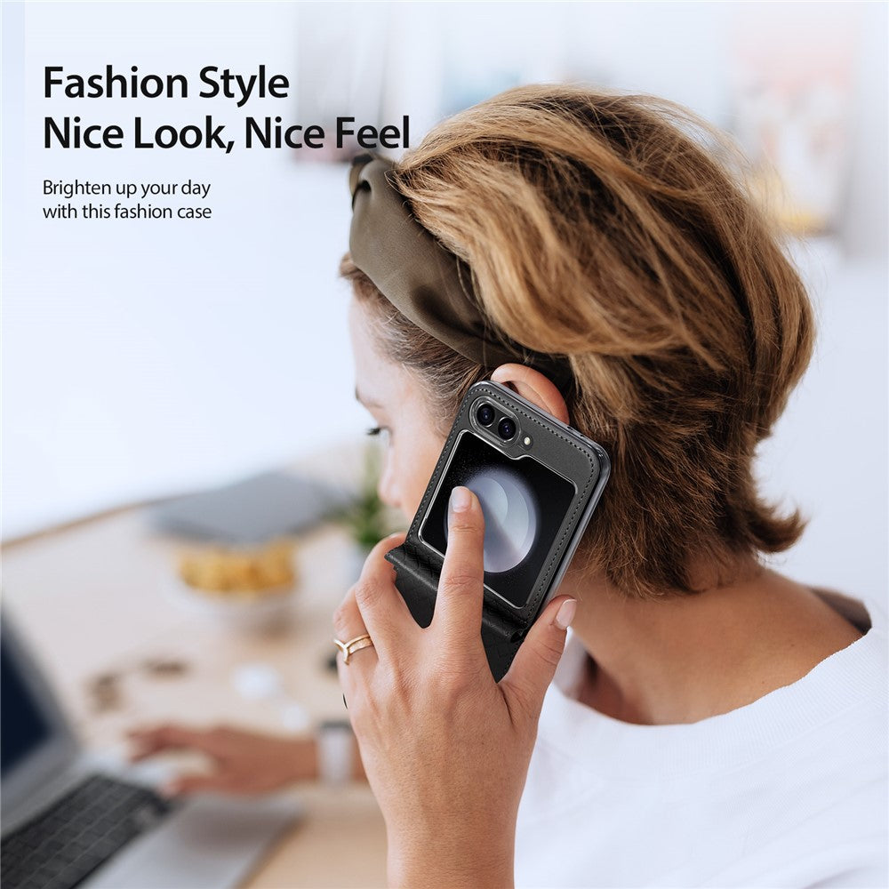 For Samsung Galaxy Z Flip7 FE 5G / Z Flip6 5G Magnetic Case DUX DUCIS Bril Series Leather+PC Phone Cover with Stand - Black