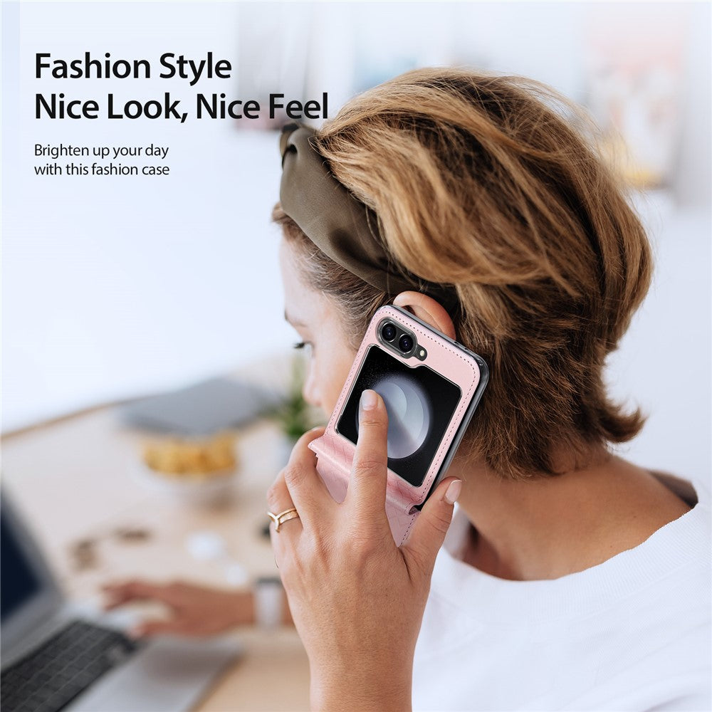 For Samsung Galaxy Z Flip7 FE 5G / Z Flip6 5G Magnetic Case DUX DUCIS Bril Series Leather+PC Phone Cover with Stand - Pink