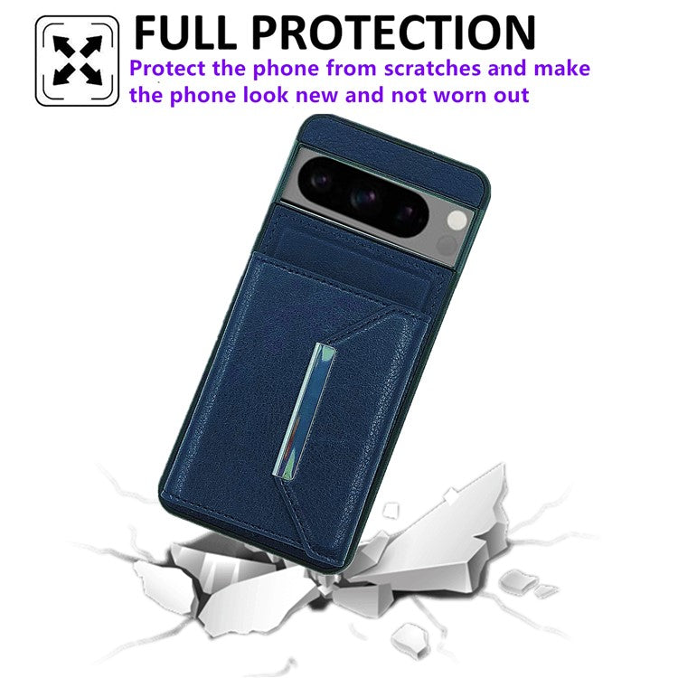 For Google Pixel 9 / 9 Pro Case Leather Back Cover Detachable Card Holder Kickstand - Sapphire