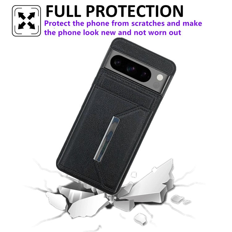 For Google Pixel 9 / 9 Pro Case Leather Back Cover Detachable Card Holder Kickstand - Black