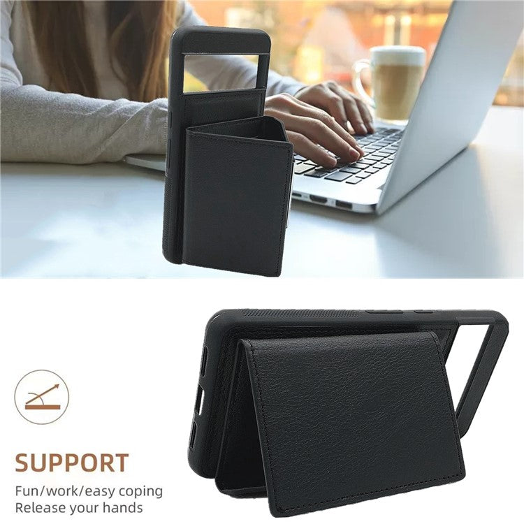 For Google Pixel 9 / 9 Pro Case Leather Back Cover Detachable Card Holder Kickstand - Black