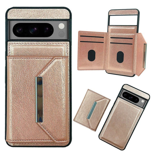 For Google Pixel 9 / 9 Pro Case Leather Back Cover Detachable Card Holder Kickstand - Rose Gold