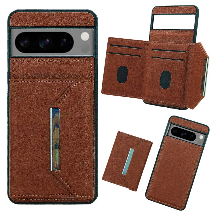 For Google Pixel 9 / 9 Pro Case Leather Back Cover Detachable Card Holder Kickstand - Brown
