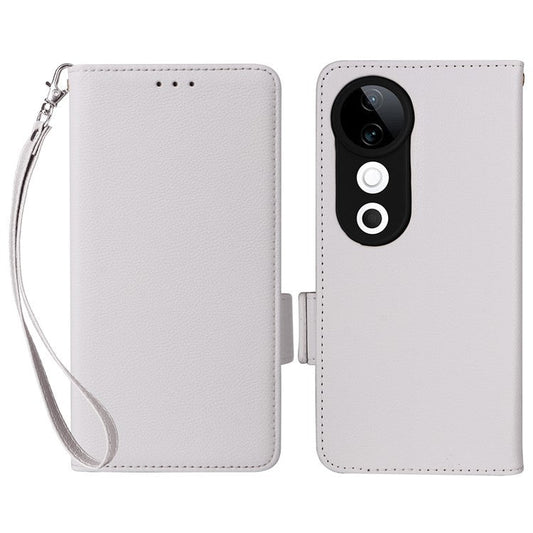 For vivo S19 5G Case with Strap Leather Phone Cover Litchi Texture Horizontal Flip - White
