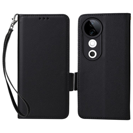 For vivo S19 5G Case with Strap Leather Phone Cover Litchi Texture Horizontal Flip - Black