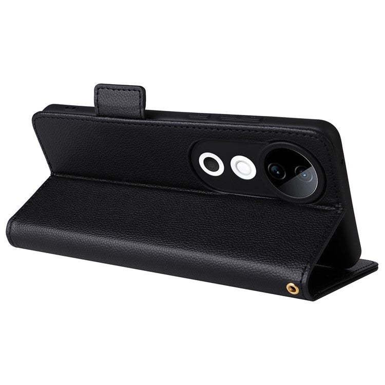 For vivo S19 5G Case with Strap Leather Phone Cover Litchi Texture Horizontal Flip - Black