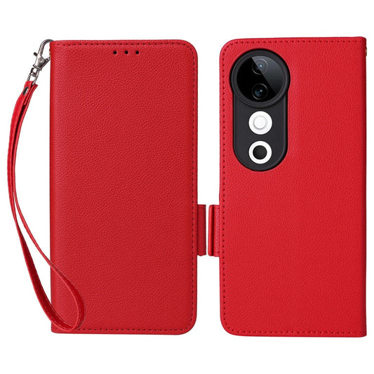 For vivo S19 5G Case with Strap Leather Phone Cover Litchi Texture Horizontal Flip - Red