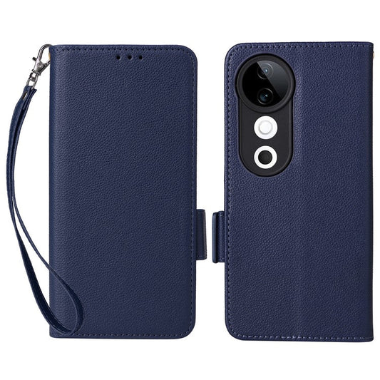 For vivo S19 5G Case with Strap Leather Phone Cover Litchi Texture Horizontal Flip - Dark Blue