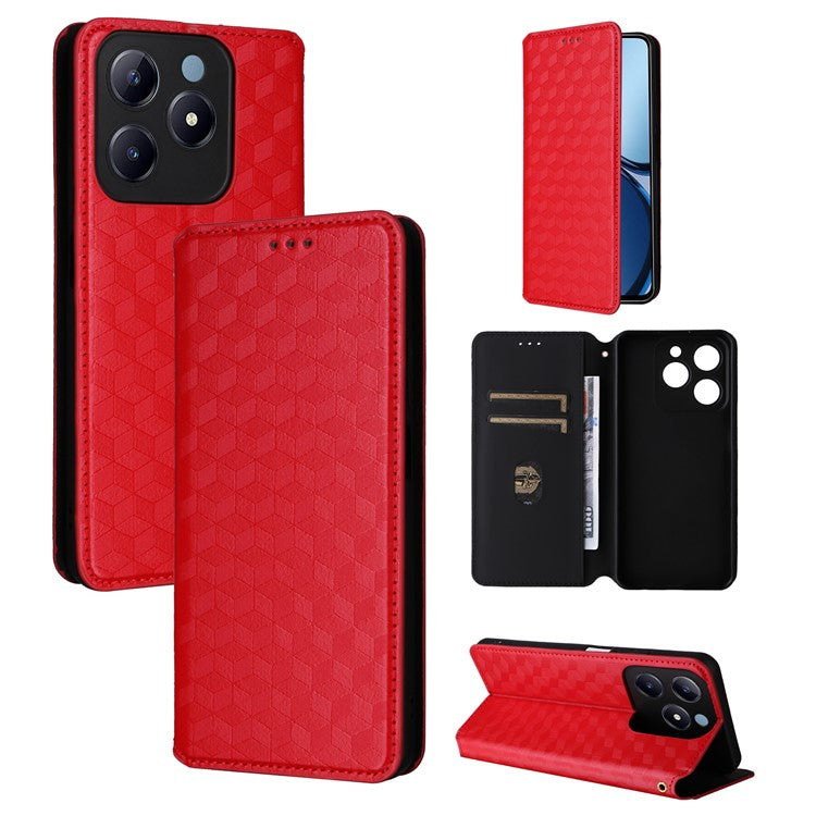 For Realme C63 4G / Narzo N63 4G / C61 4G Stand Case PU Leather Phone Cover Rhombus Pattern - Red