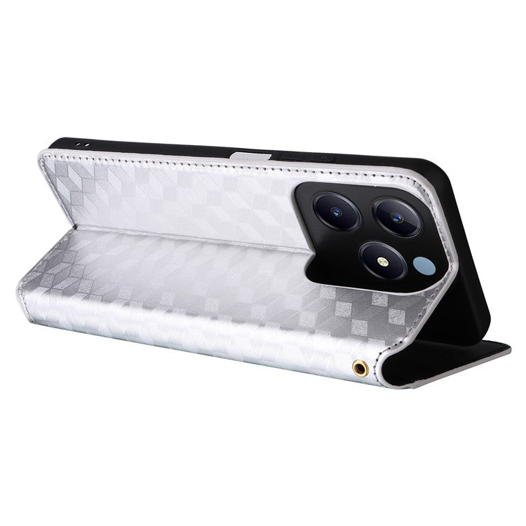 For Realme C63 4G / Narzo N63 4G / C61 4G Stand Case PU Leather Phone Cover Rhombus Pattern - Silver