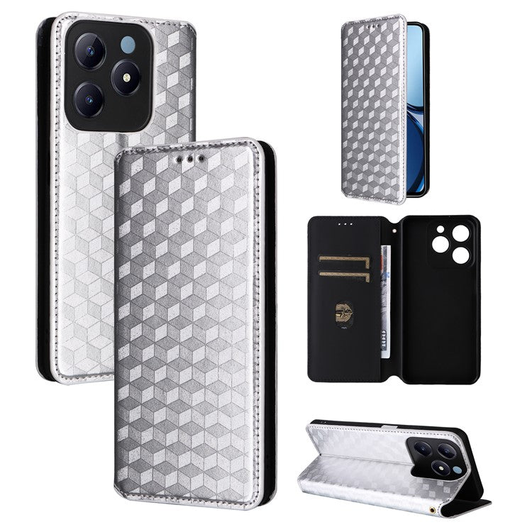 For Realme C63 4G / Narzo N63 4G / C61 4G Stand Case PU Leather Phone Cover Rhombus Pattern - Silver