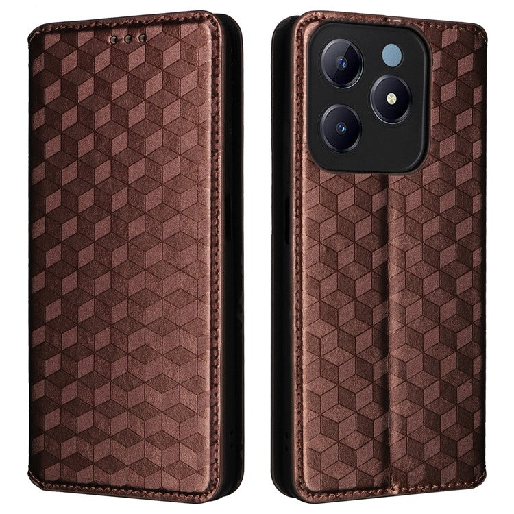 For Realme C63 4G / Narzo N63 4G / C61 4G Stand Case PU Leather Phone Cover Rhombus Pattern - Brown
