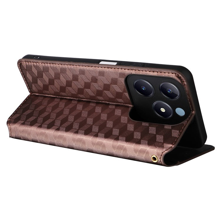 For Realme C63 4G / Narzo N63 4G / C61 4G Stand Case PU Leather Phone Cover Rhombus Pattern - Brown