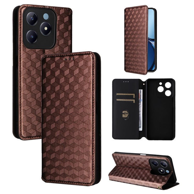 For Realme C63 4G / Narzo N63 4G / C61 4G Stand Case PU Leather Phone Cover Rhombus Pattern - Brown