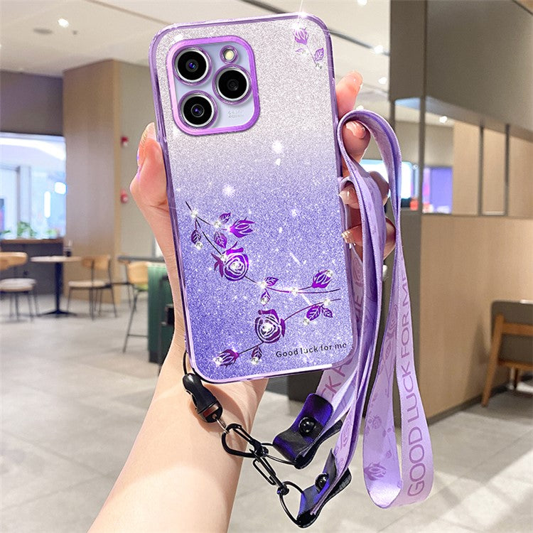 KADEM For Realme C61 4G / C63 4G Case TPU Sparkle Flowers Shockproof Phone Cover with Lanyard - Purple