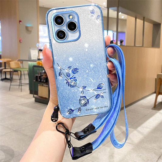 KADEM For Realme C61 4G / C63 4G Case TPU Sparkle Flowers Shockproof Phone Cover with Lanyard - Blue