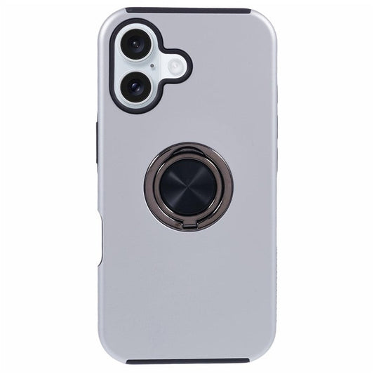 For iPhone 16 Plus Case PC+TPU Phone Cover with Rotatable Ring Holder - Silver