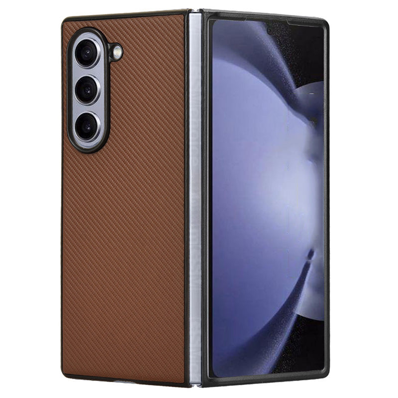 For Samsung Galaxy Z Fold6 5G Case PU Leather+PC Drop-Proof Shell Carbon Fiber Texture - Brown