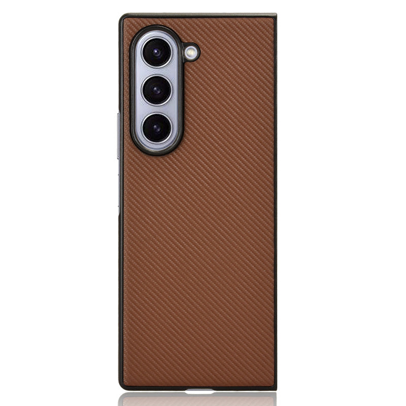 For Samsung Galaxy Z Fold6 5G Case PU Leather+PC Drop-Proof Shell Carbon Fiber Texture - Brown