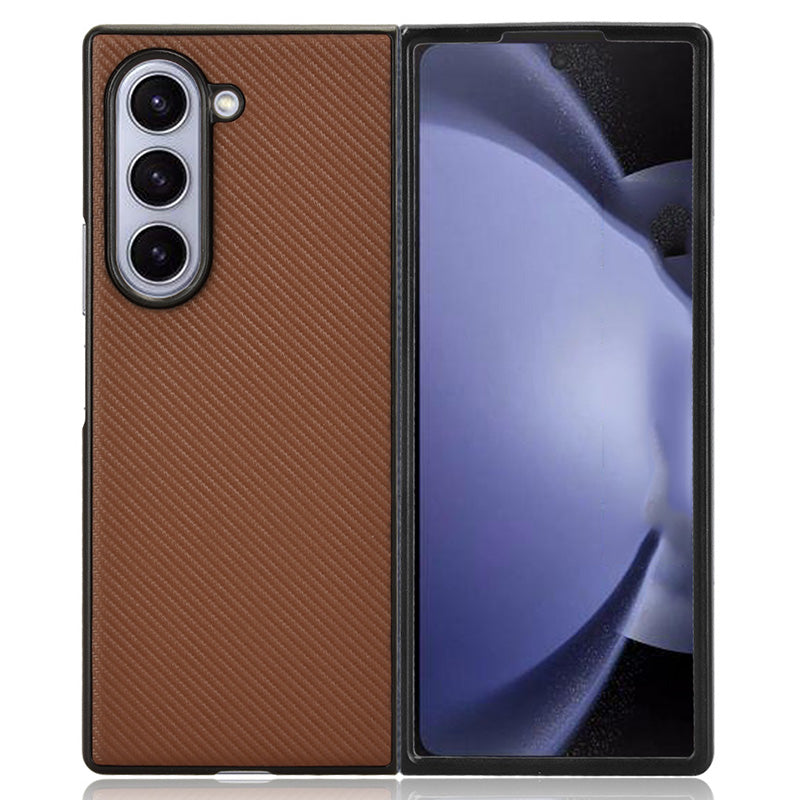 For Samsung Galaxy Z Fold6 5G Case PU Leather+PC Drop-Proof Shell Carbon Fiber Texture - Brown