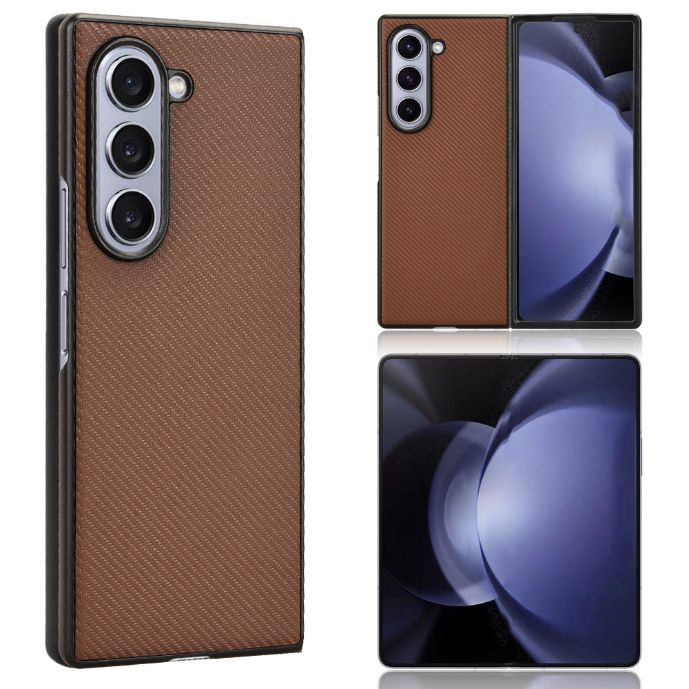For Samsung Galaxy Z Fold6 5G Case PU Leather+PC Drop-Proof Shell Carbon Fiber Texture - Brown