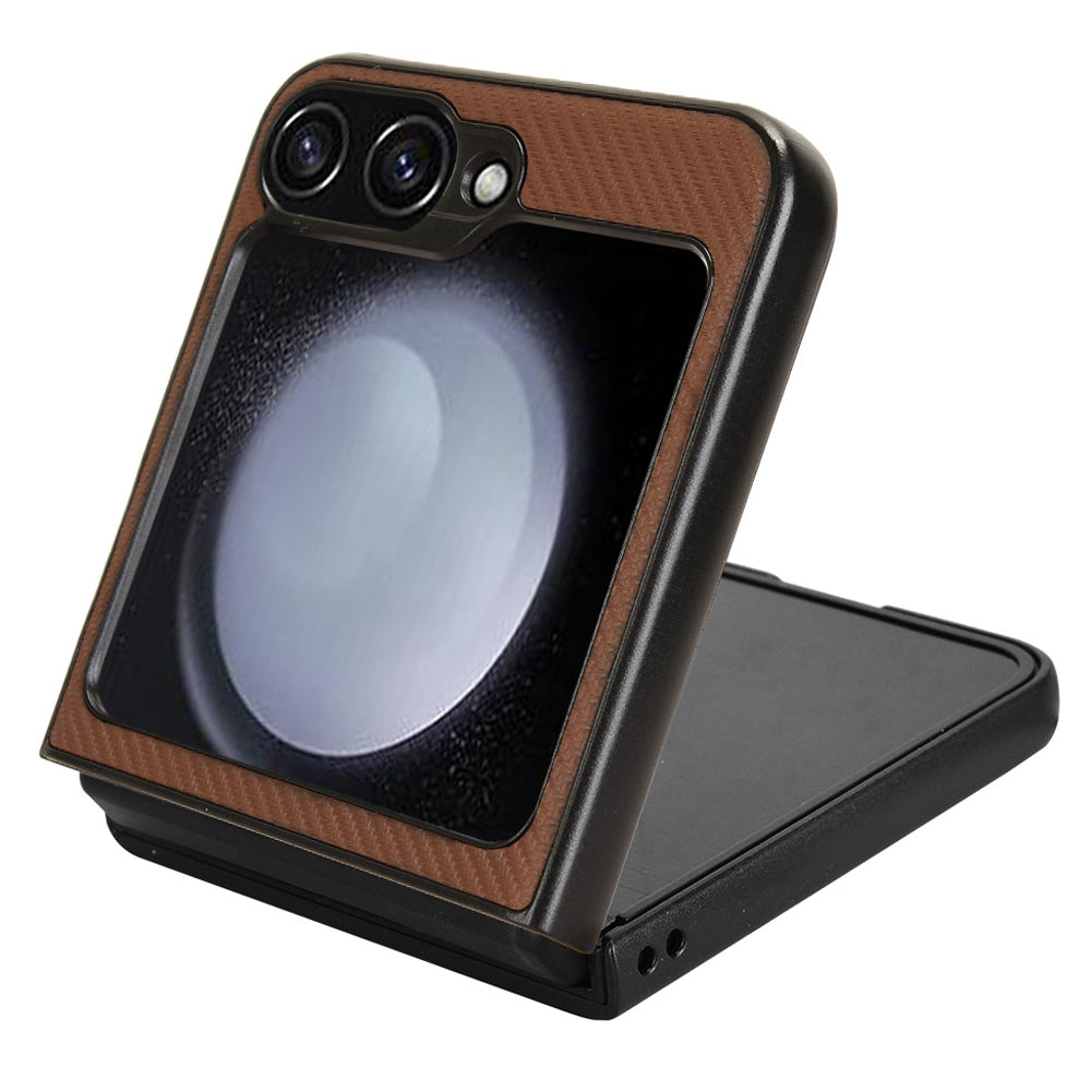 For Samsung Galaxy Z Flip6 5G Case Carbon Fiber Texture PU+PC Drop-Proof Phone Shell - Brown