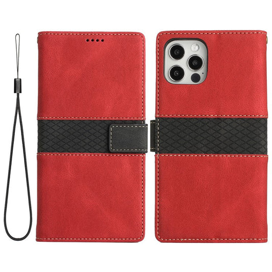 For iPhone 16 Pro Case with Hand Strap Grid Splicing Leather Phone Wallet Cover - Red