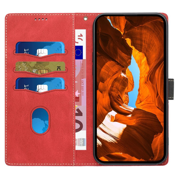 For iPhone 16 Pro Case with Hand Strap Grid Splicing Leather Phone Wallet Cover - Red