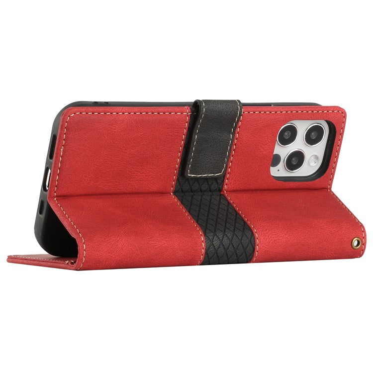 For iPhone 16 Pro Case with Hand Strap Grid Splicing Leather Phone Wallet Cover - Red